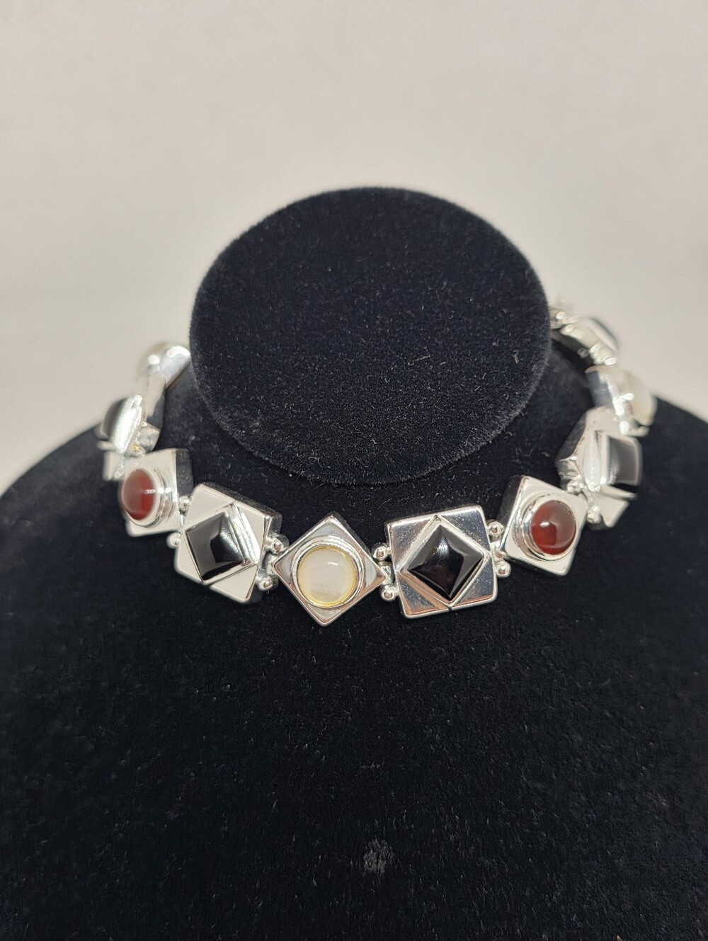 Sterling Silver Multi-Stone Link Bracelet Onyx, Carnelian, Moonstone